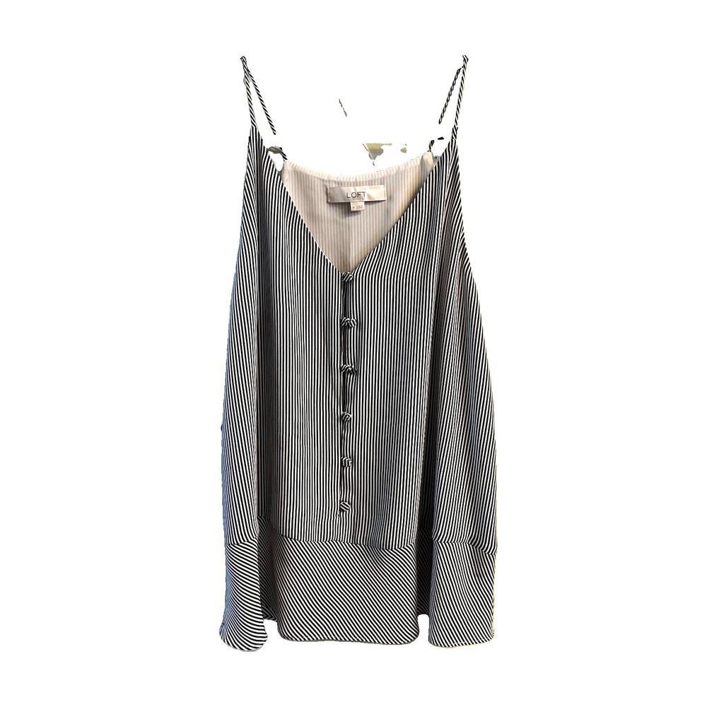 LOFT Women's Black & White Striped Tank Spaghetti Strap V-Neck Button Front M